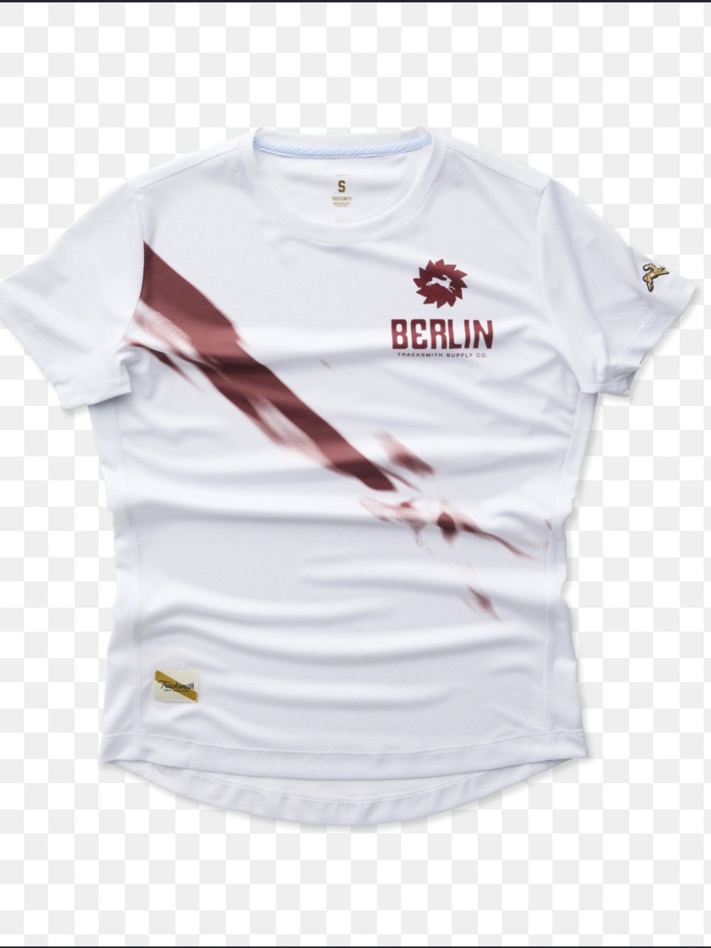 Tracksmith Women's Berlin Marathon Tee in White and Maroon